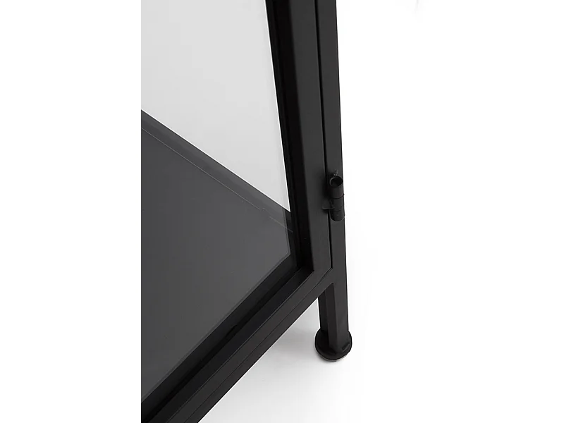 Armário expositor alto com portas e laterais de vidro estrutura metálica preta