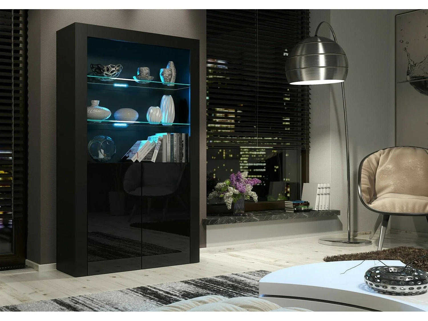 Vitrine 90 cm Jive portes noir laquées avec leds