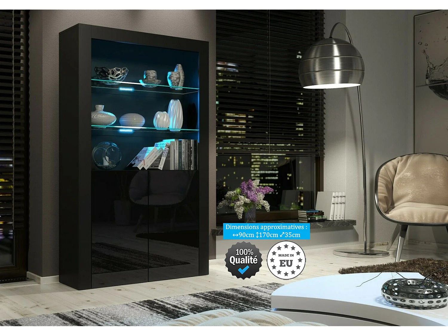 Vitrine 90 cm Jive portes noir laquées avec leds