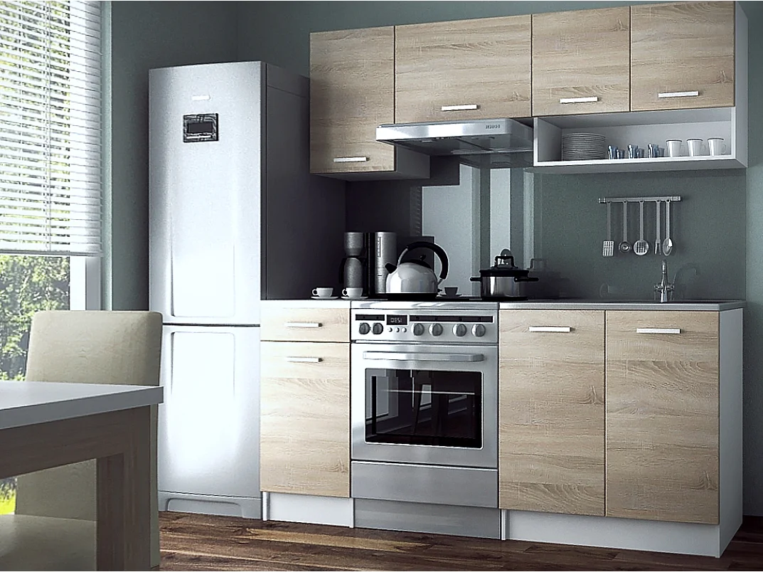 Cuisine complete Viki bois chêne vif 180 cm 5 elements 18 mm