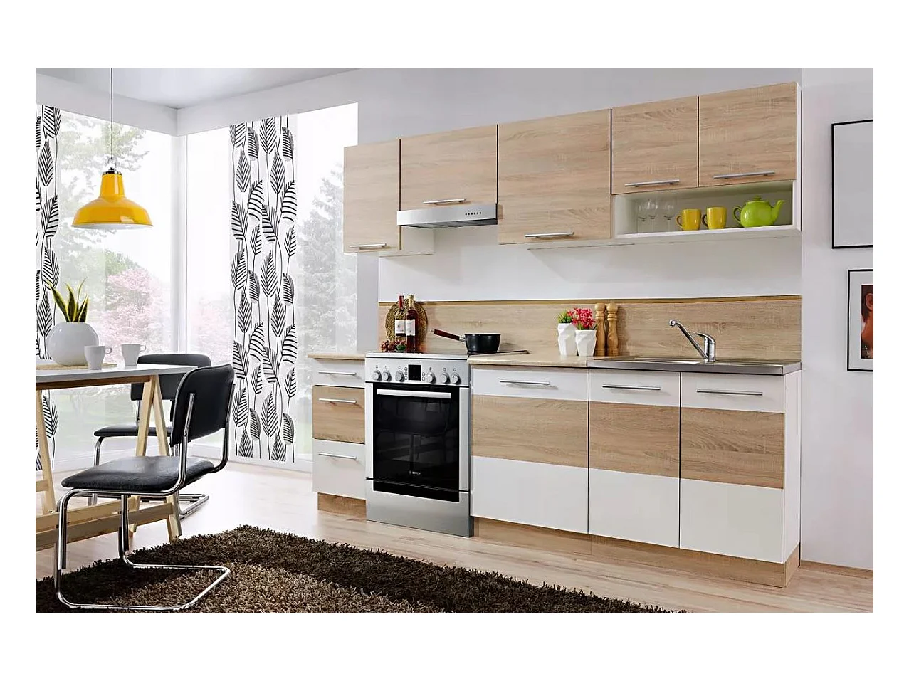 Cuisine LAX finition BOIS et blanc mat 7 éléments 240 cm