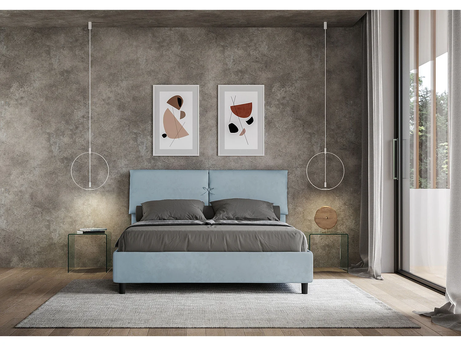 Letto contenitore doppia alzata imbottito 160x210 microfibra azzurro Mados
