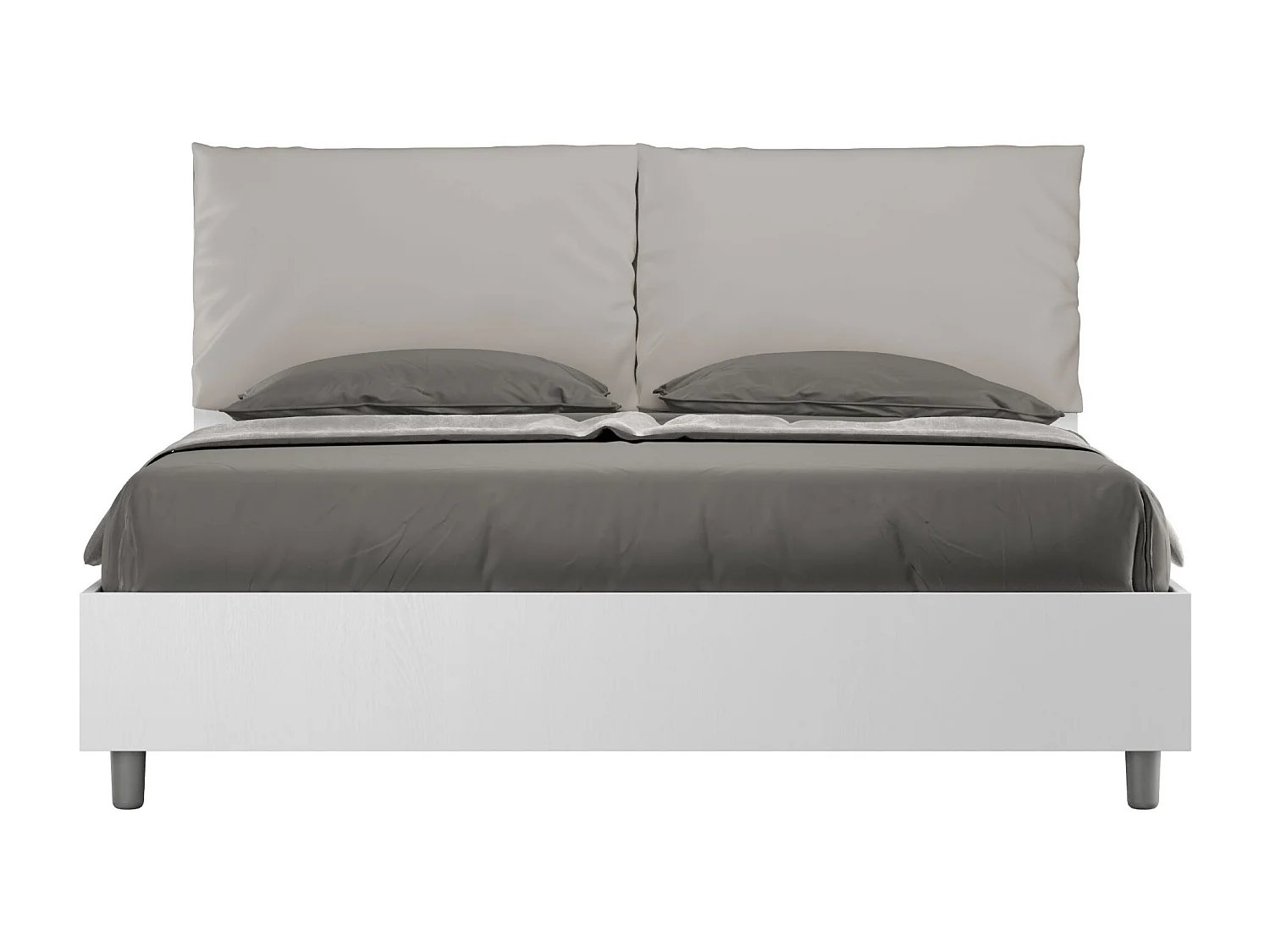 Lit double avec rangement, double relevable, 160x200 cm, bois de frêne blanc, coussins simili cuir gris tourterelle, Egos Antea