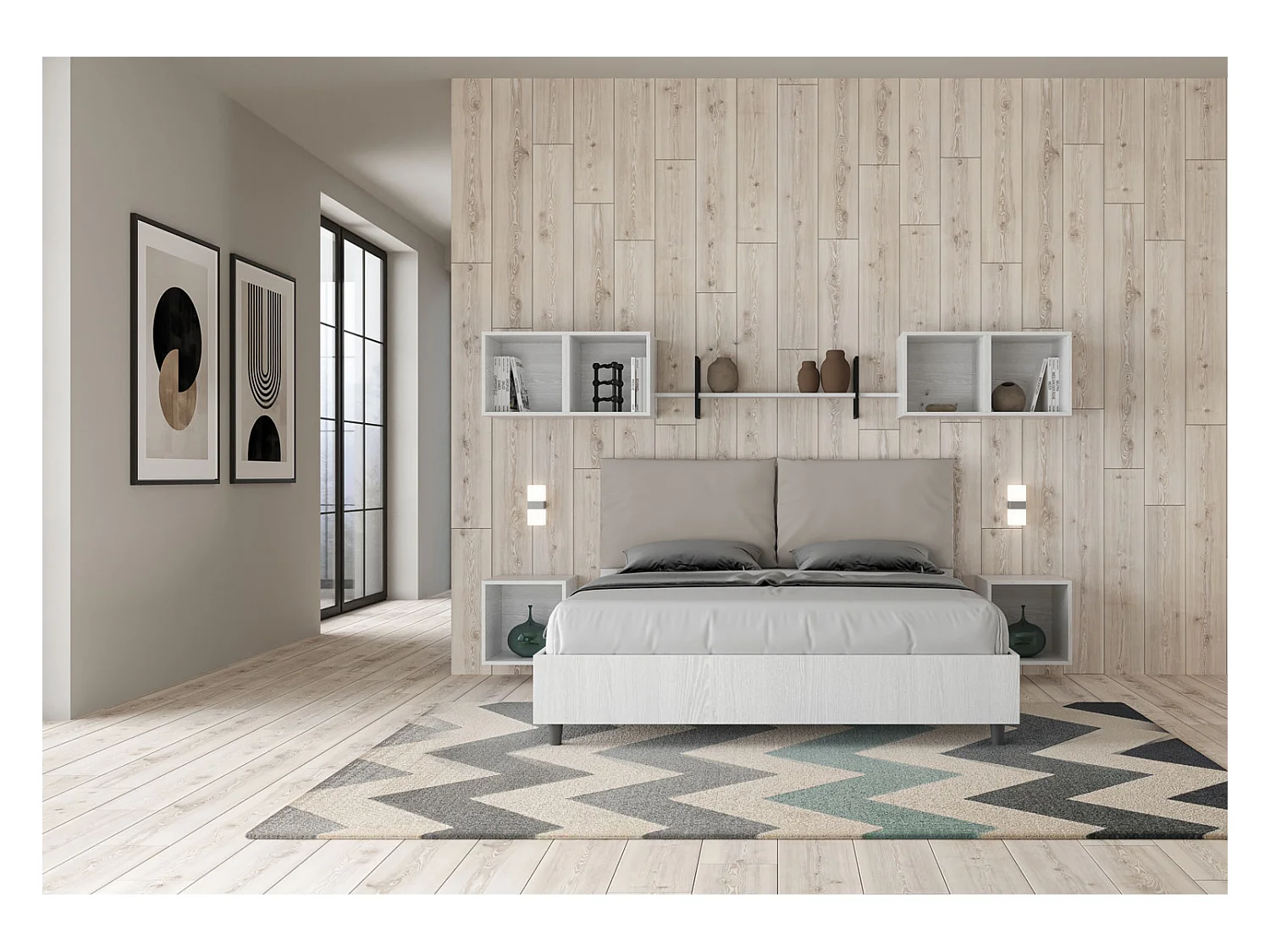 Doppelbett mit Stauraum, Doppellift, 160x200 cm, weißes Eschenholz, taubengraue Kunstlederkissen, Egos Antea