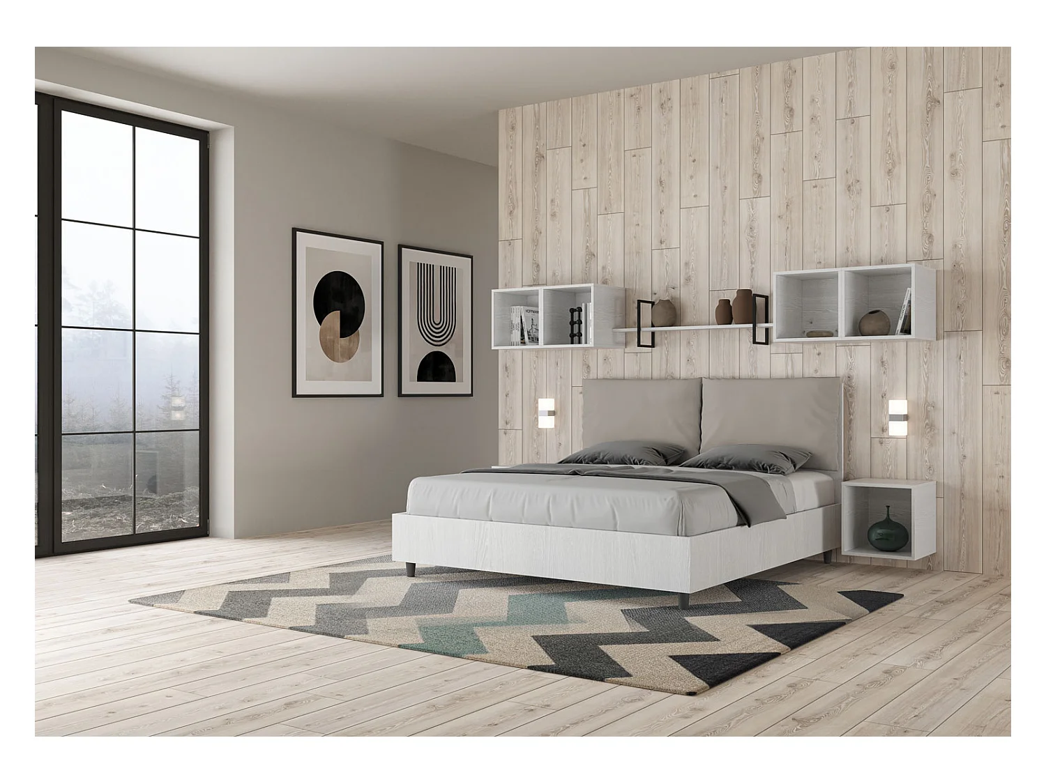 Doppelbett mit Stauraum, Doppellift, 160x200 cm, weißes Eschenholz, taubengraue Kunstlederkissen, Egos Antea