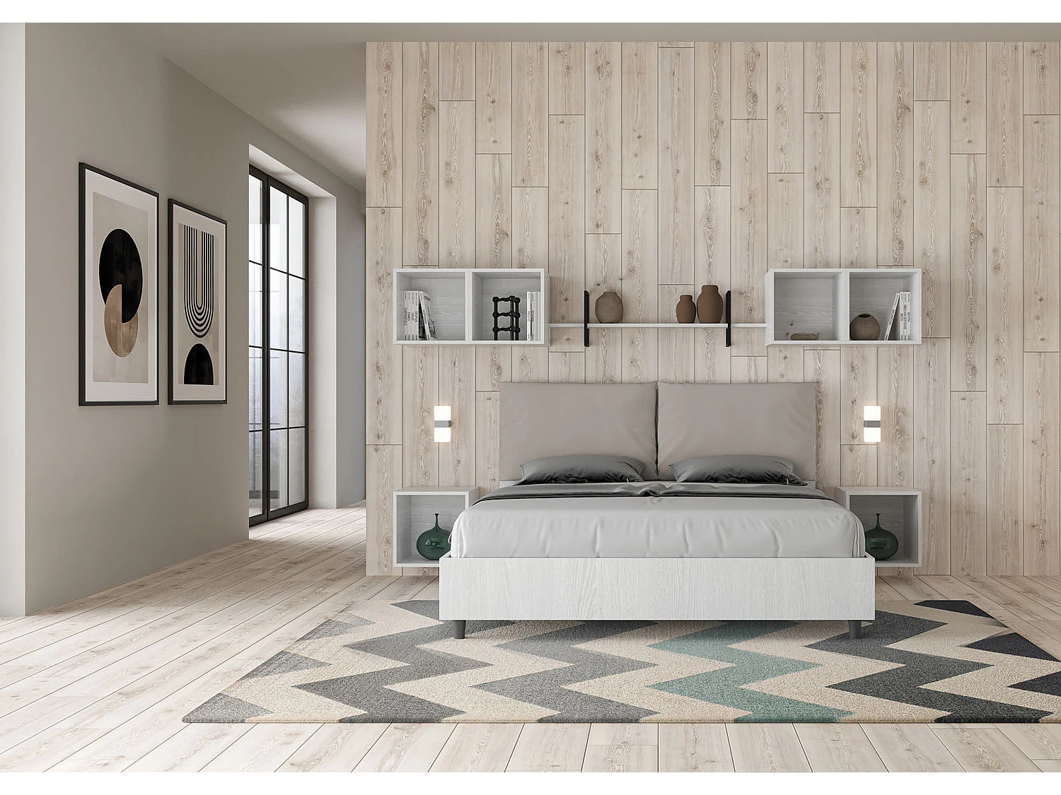 Lit double avec rangement, double relevable, 160x200 cm, bois de frêne blanc, coussins simili cuir gris tourterelle, Egos Antea