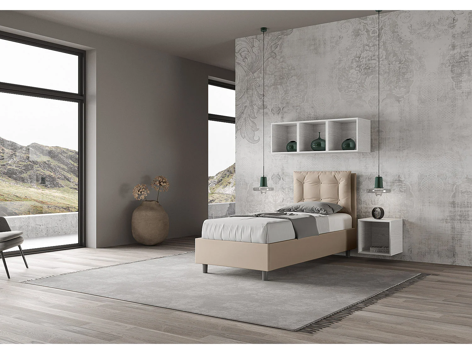 Lit coffre capitonné simili cuir gris tourterelle Annalisa 80x210