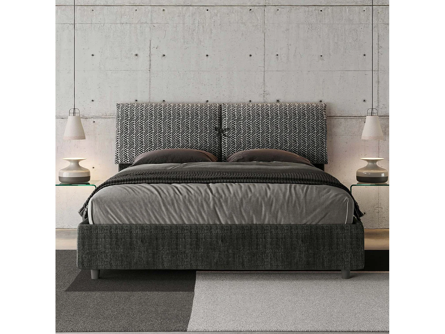 Letto contenitore doppia alzata imbottito 160x210 tessuto Aragona 8 blu Mados