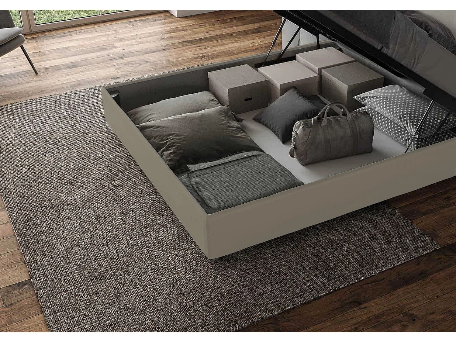 Cama contenedor tapizada en polipiel Focus cappuccino 90x210
