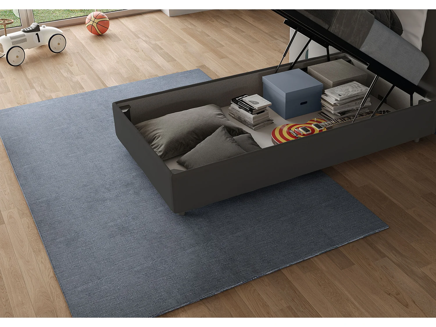 Sommier-Bett mit gepolstertem Behälter 80x210 Azelia-grauer Mikrofaser