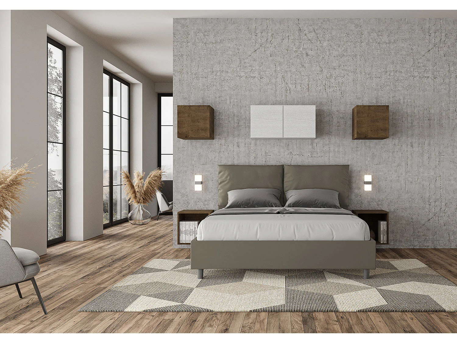 Cama contenedor doble tapizada 160x200 símil piel capuchino Antea