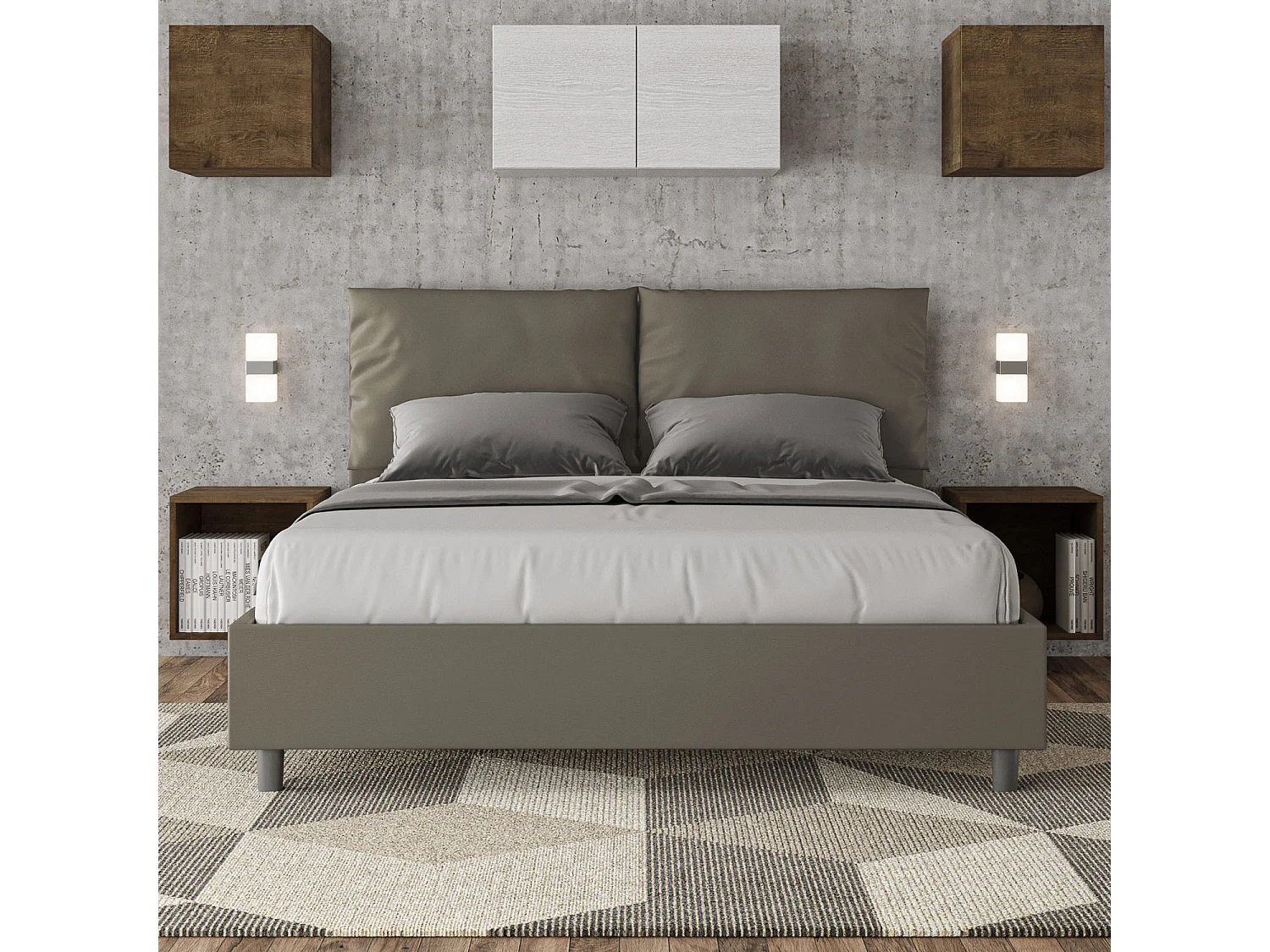 Cama contenedor doble tapizada 160x200 símil piel capuchino Antea