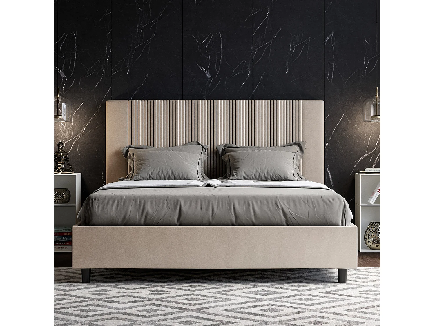 Cama contenedor doble tapizada 160x200 Goya símil piel gris tórtola