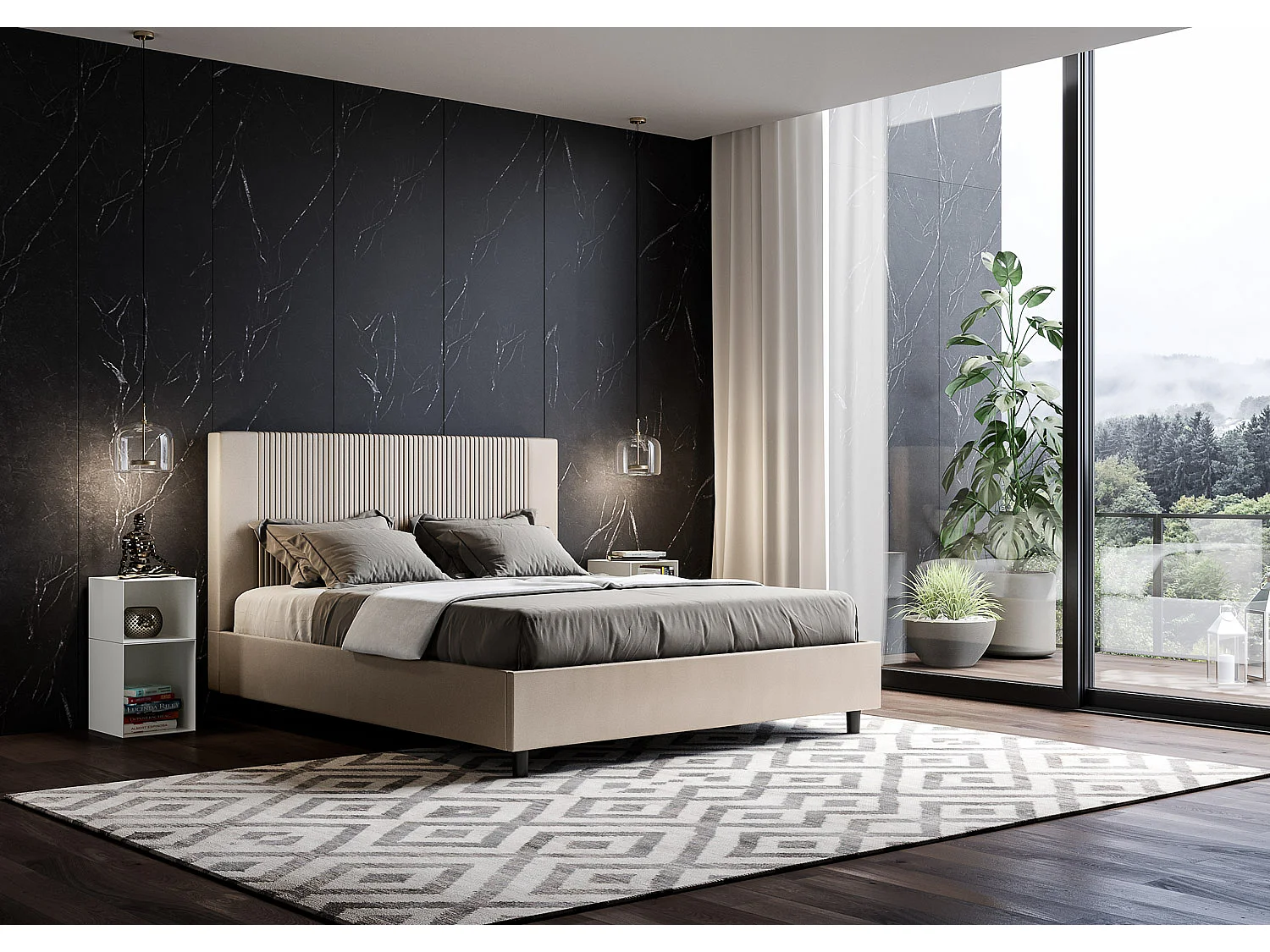 Cama contenedor doble tapizada 160x200 Goya símil piel gris tórtola