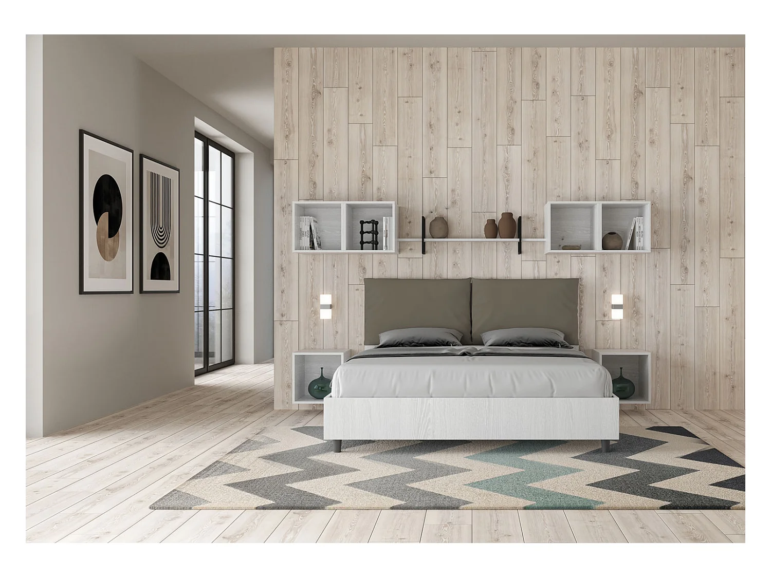 Lit double avec rangement, double relevable, 160x190 cm, bois de frêne blanc, coussins en simili cuir couleur cappuccino, Egos Antea