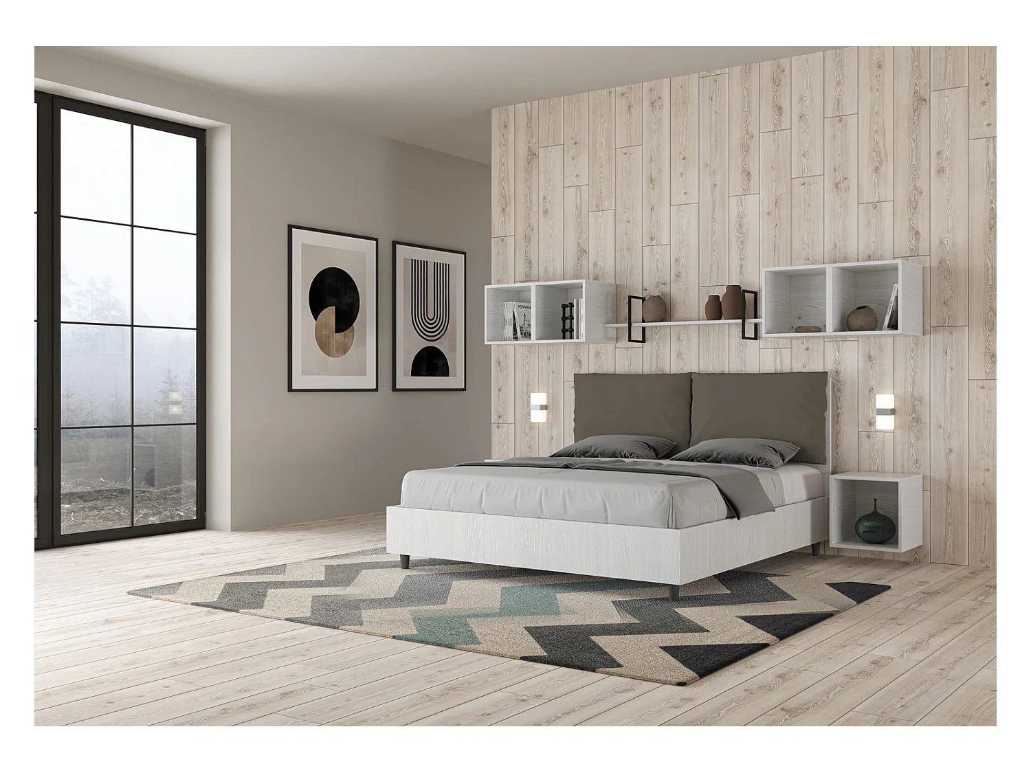 Lit double avec rangement, double relevable, 160x190 cm, bois de frêne blanc, coussins en simili cuir couleur cappuccino, Egos Antea