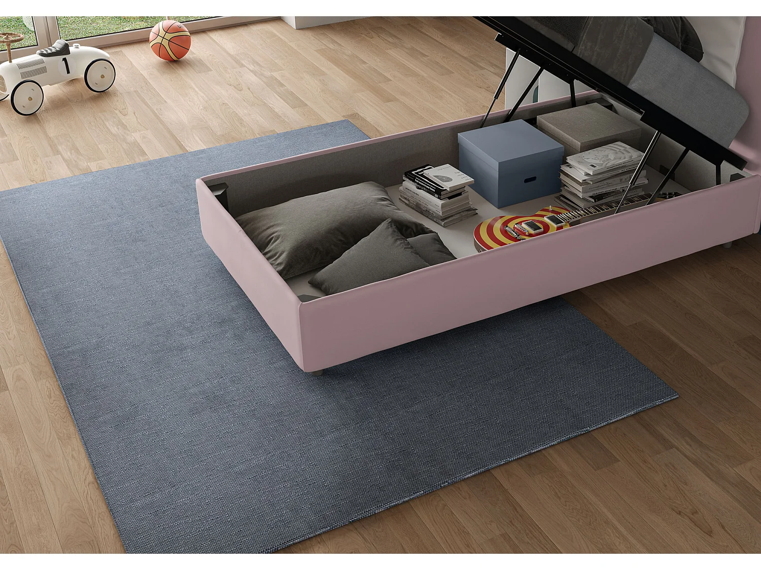 Letto Sommier contenitore imbottito 80x190 microfibra glicine Azelia