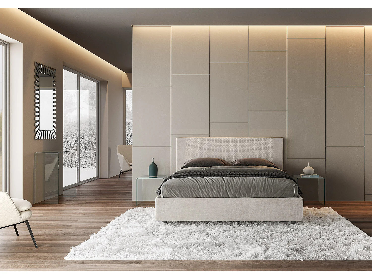 Lit coffre double capitonné 160x210 tissu Labirinto 01 blanc Rosal