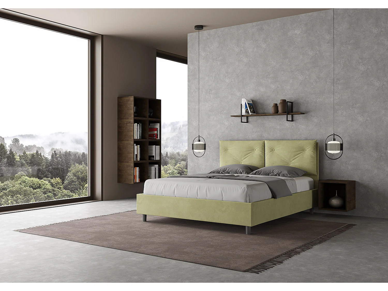 Lit double coffre surélevé Appia thé vert microfibre capitonné 160x210