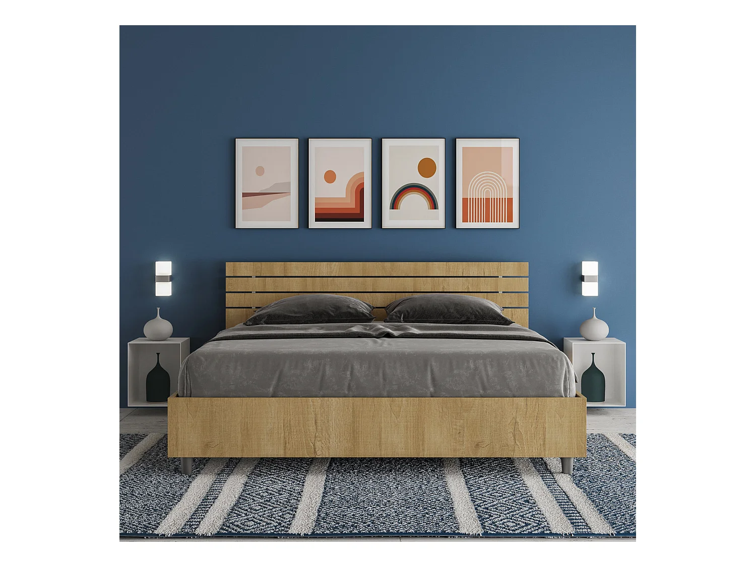 Cama de casal com arrumação e elevação de 160x200 cm, cabeceira inclinada com ripas de carvalho Ankel