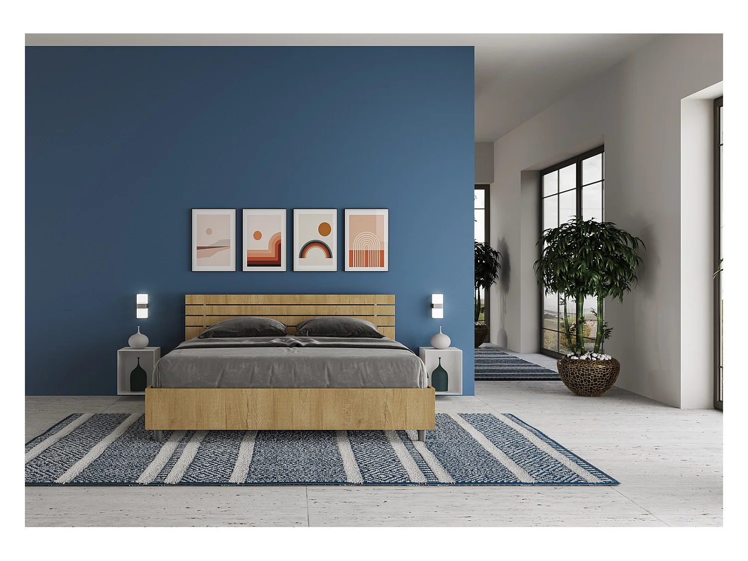 Cama de casal com arrumação e elevação de 160x200 cm, cabeceira inclinada com ripas de carvalho Ankel
