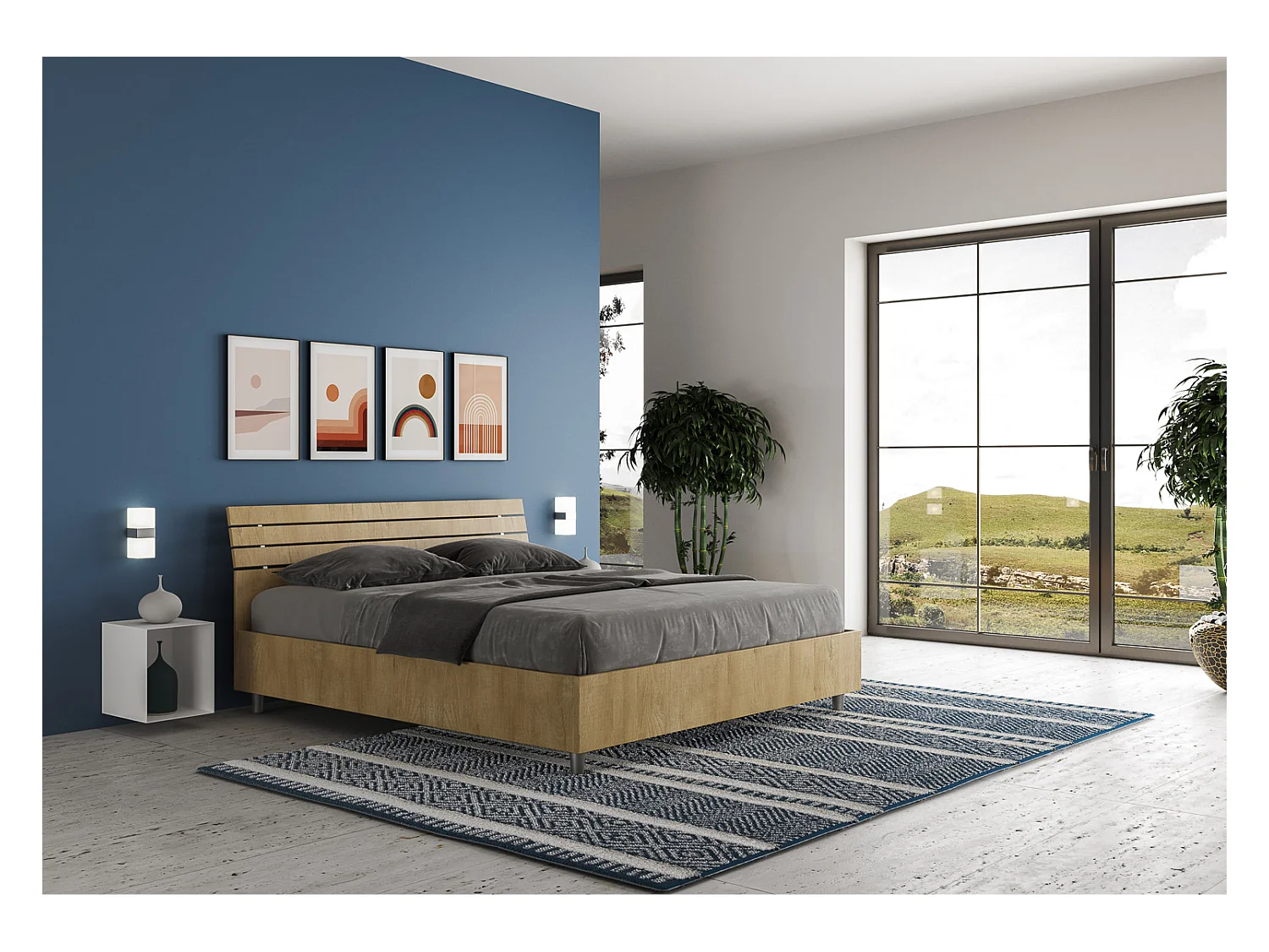 Cama de casal com arrumação e elevação de 160x200 cm, cabeceira inclinada com ripas de carvalho Ankel