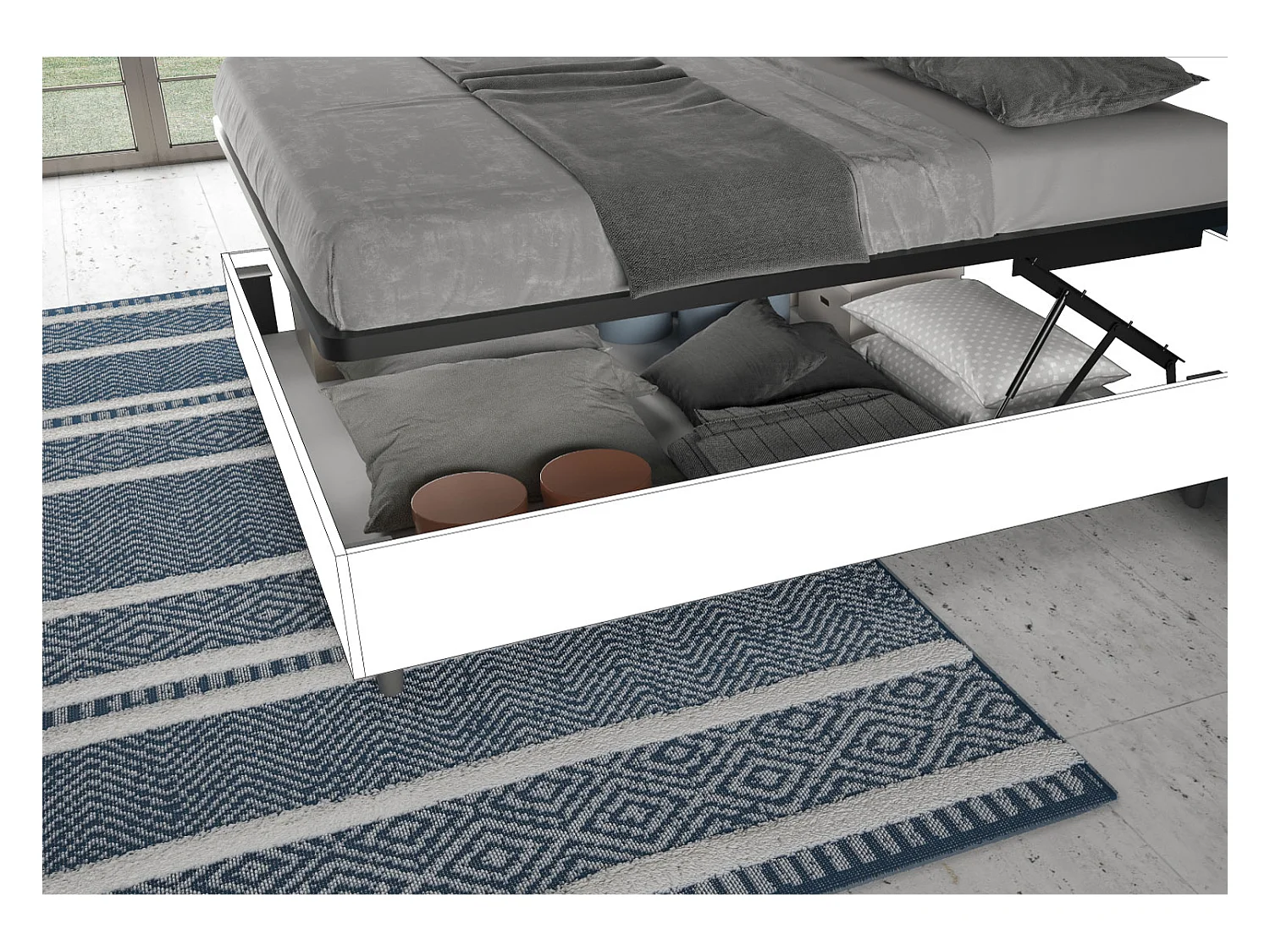 Cama de casal com arrumação e elevação de 160x200 cm, cabeceira inclinada com ripas de carvalho Ankel