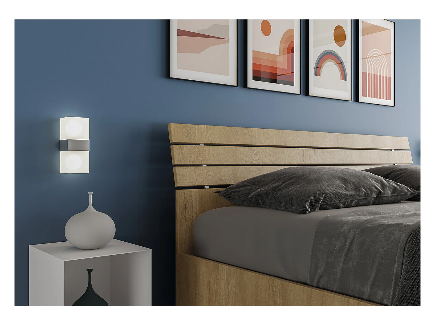 Cama de casal com arrumação e elevação de 160x200 cm, cabeceira inclinada com ripas de carvalho Ankel