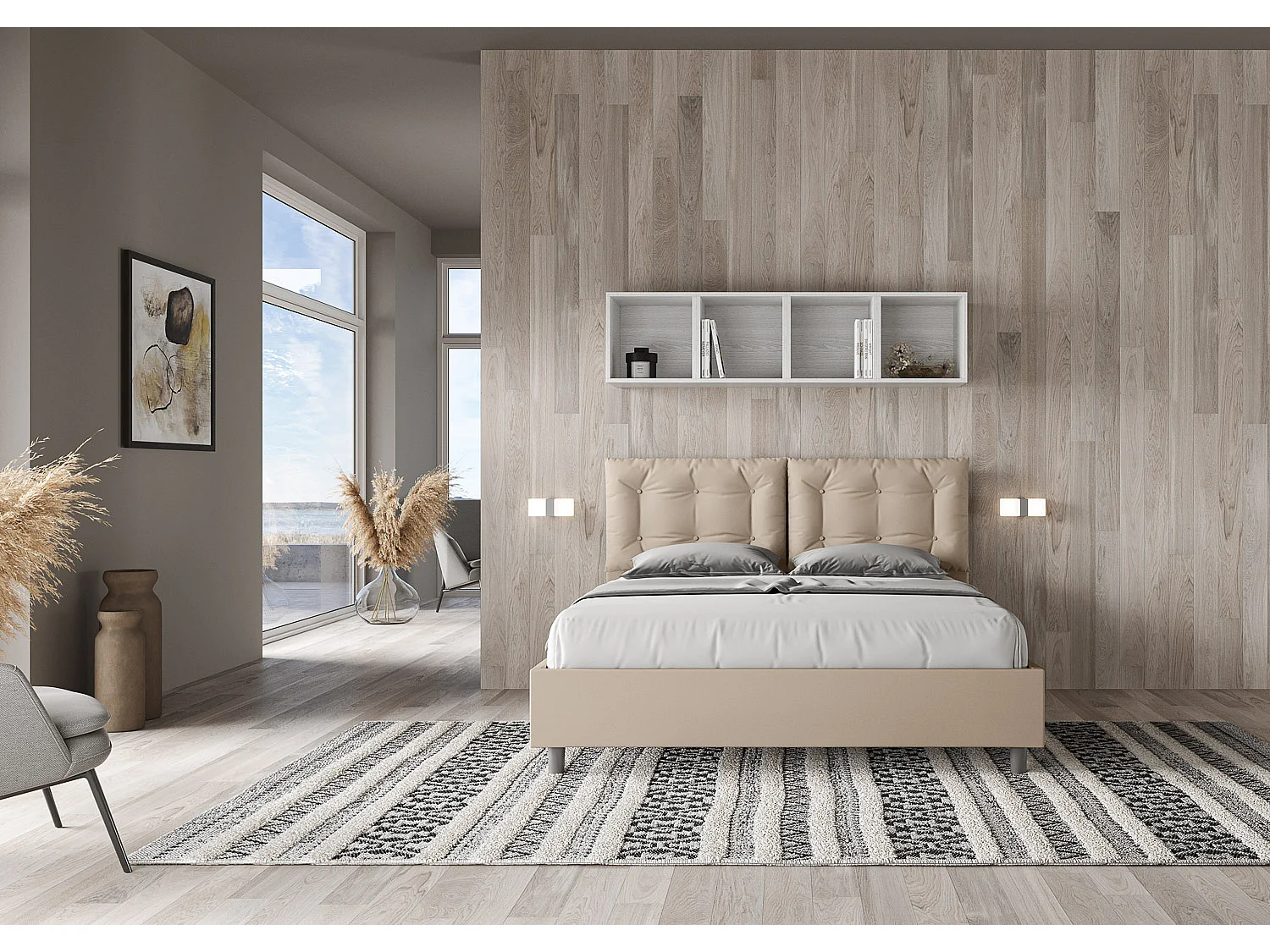 Letto contenitore doppia alzata imbottito 160x200 similpelle tortora Annalisa