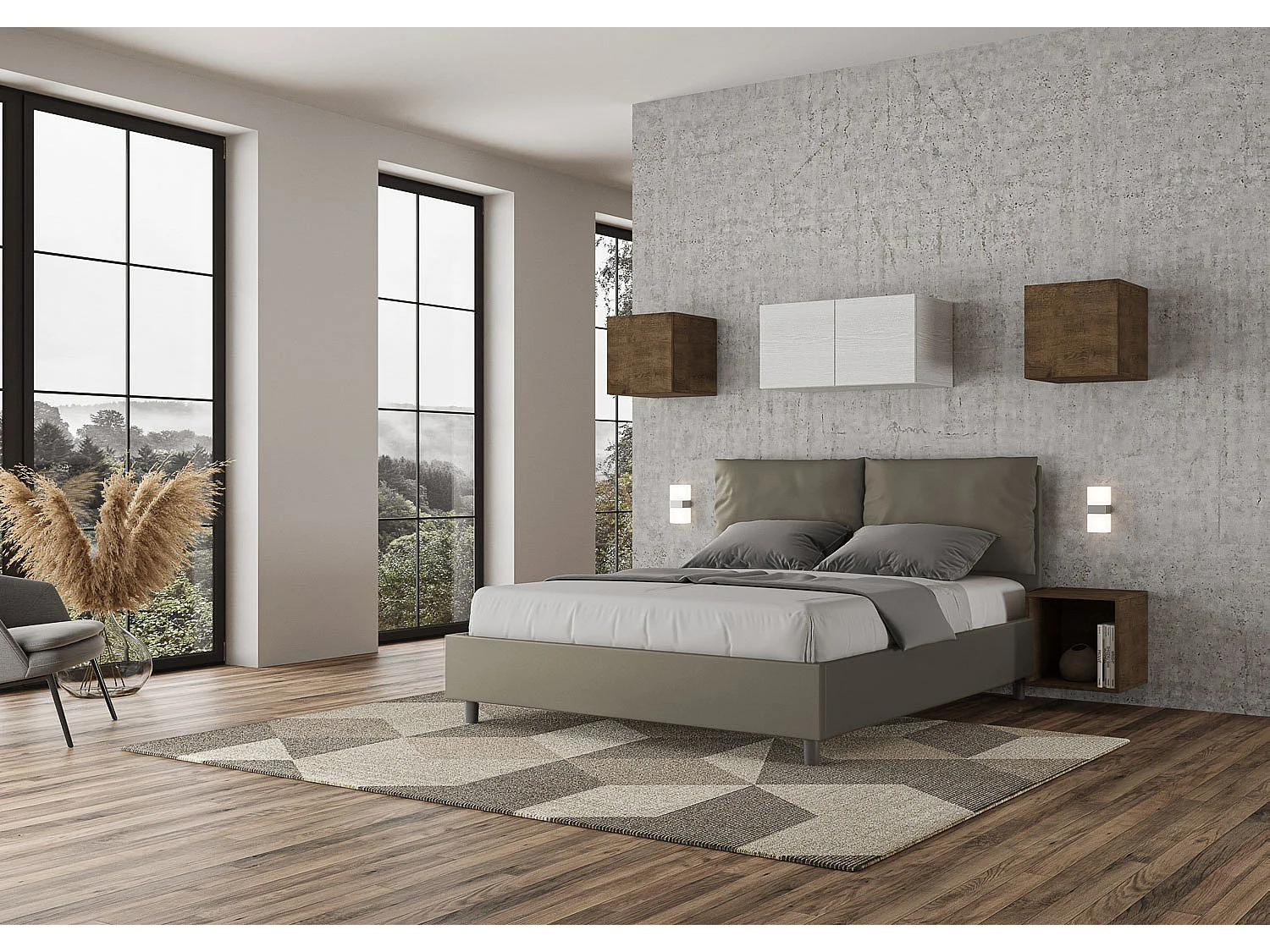 Cama contenedor doble tapizada 160x190 símil piel capuchino Antea