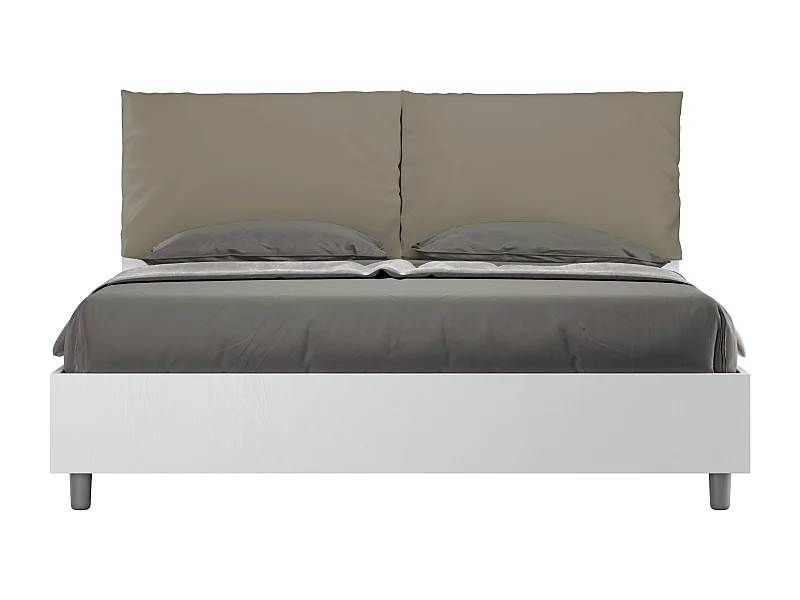 Doppelbett mit Stauraum, Doppellift, 160x200 cm, weißes Eschenholz, cappuccinofarbene Kunstlederkissen, Egos Antea