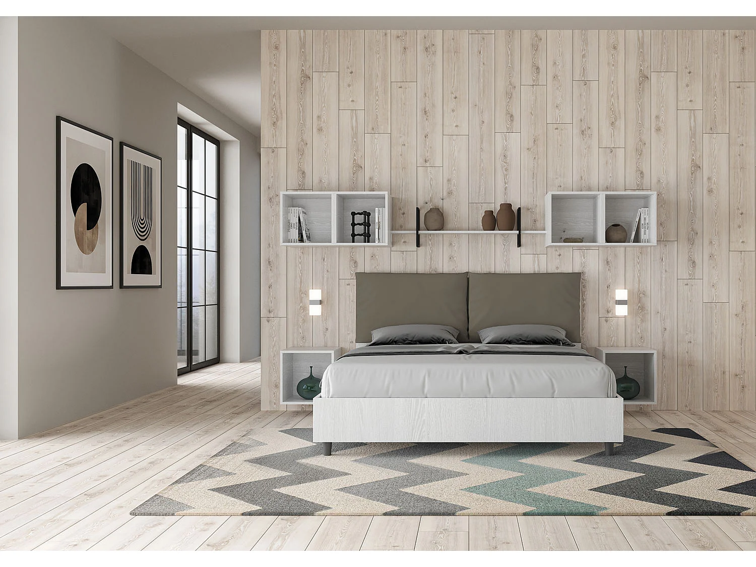 Doppelbett mit Stauraum, Doppellift, 160x200 cm, weißes Eschenholz, cappuccinofarbene Kunstlederkissen, Egos Antea