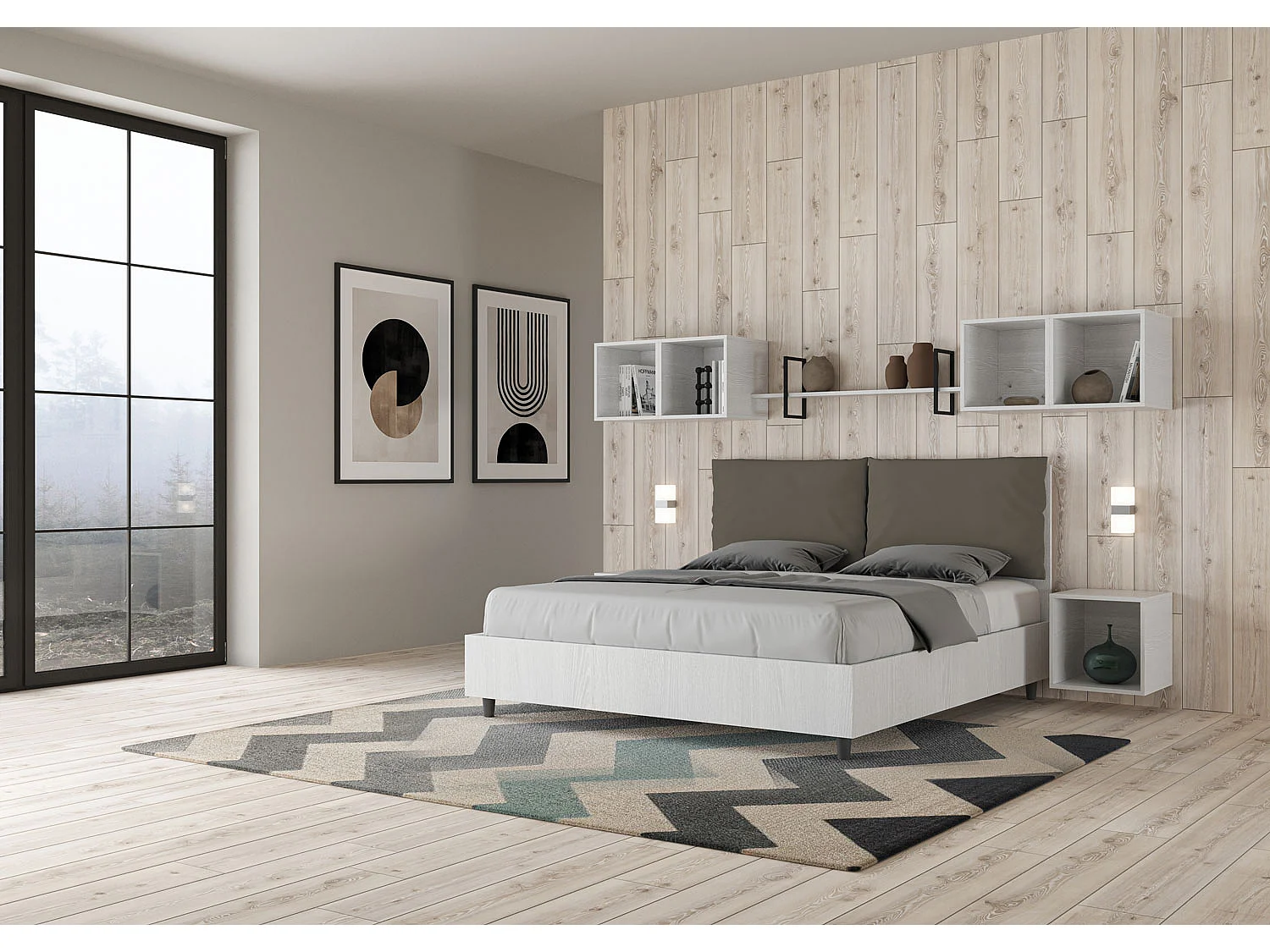 Doppelbett mit Stauraum, Doppellift, 160x200 cm, weißes Eschenholz, cappuccinofarbene Kunstlederkissen, Egos Antea