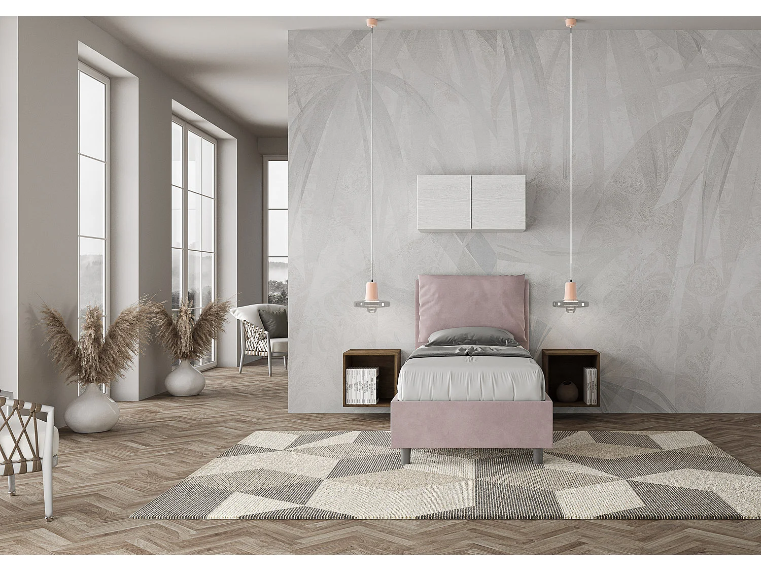 Letto contenitore imbottito 90x190 microfibra glicine Antea