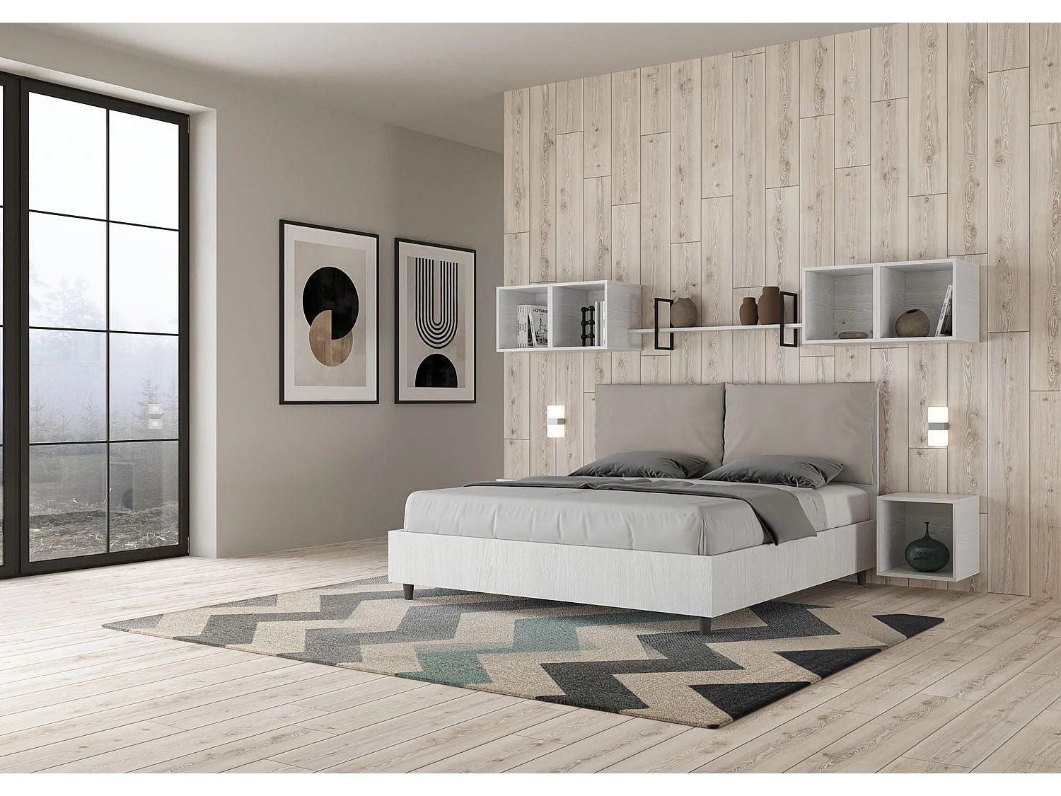 Lit double avec rangement, double relevable, 160x190 cm, bois de frêne blanc, coussins simili cuir gris tourterelle, Egos Antea