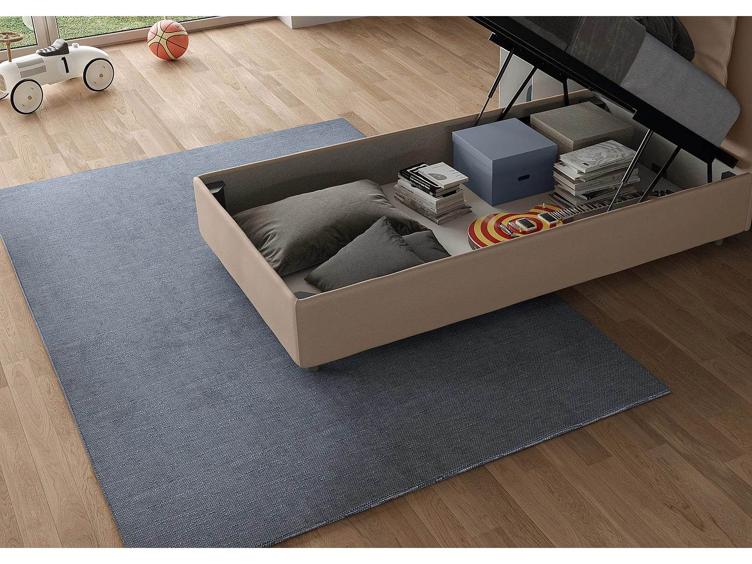 Lit coffre capitonné simili cuir gris tourterelle Adele 80x210