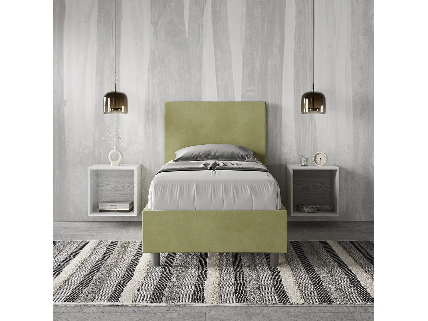 Letto contenitore imbottito 80x210 microfibra tè verde Adele