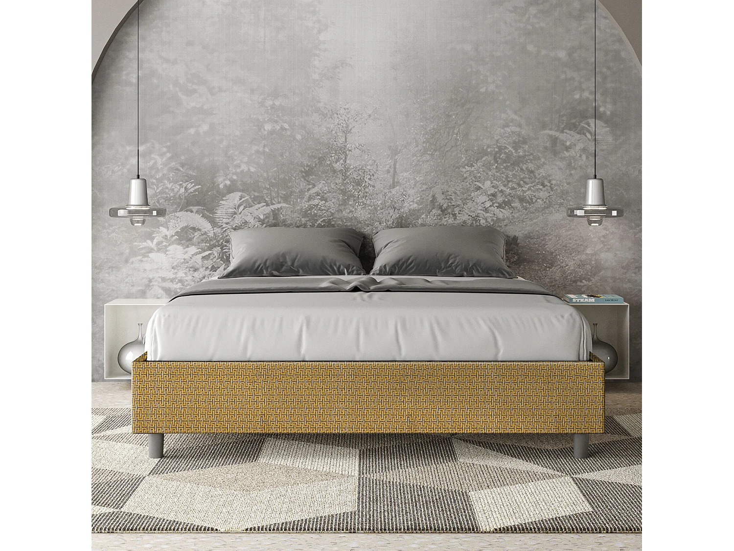 Lit coffre double capitonné 160x190 Labirinto 06 tissu Azelia jaune