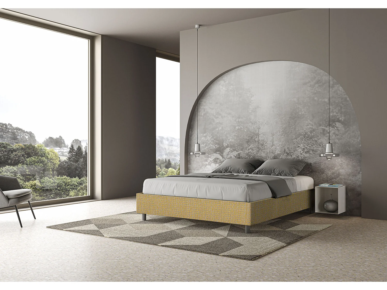 Lit coffre double capitonné 160x190 Labirinto 06 tissu Azelia jaune