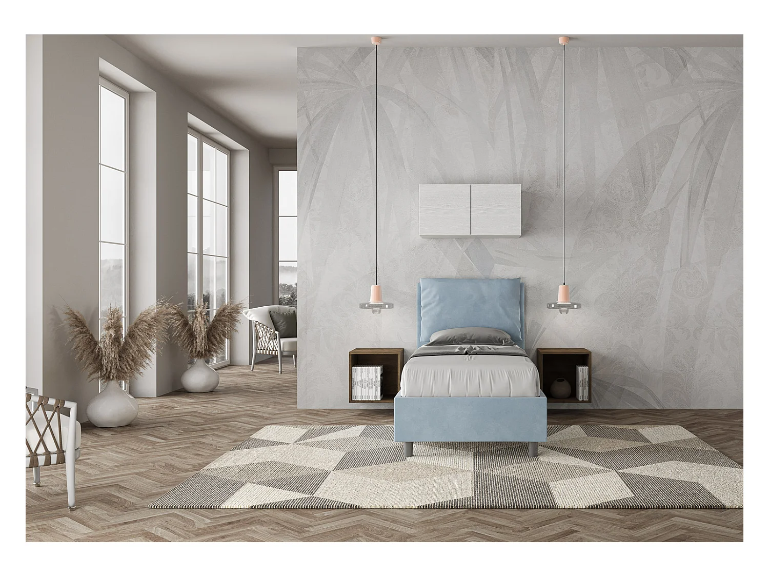 Lit coffre rembourré microfibre Antea bleu clair 90x190