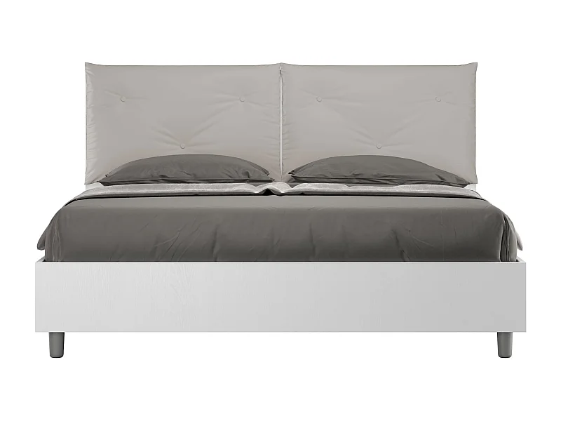Lit double avec rangement, double relevable, 160x190 cm, bois de frêne blanc, coussins simili cuir gris tourterelle, Egos Appia