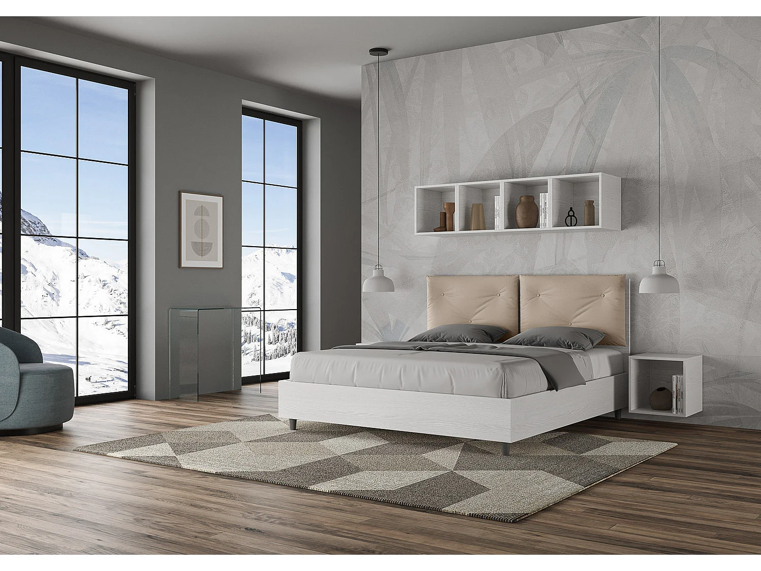Lit coffre surélevé double 160x190 avec coussins simili cuir gris tourterelle Egos Appia
