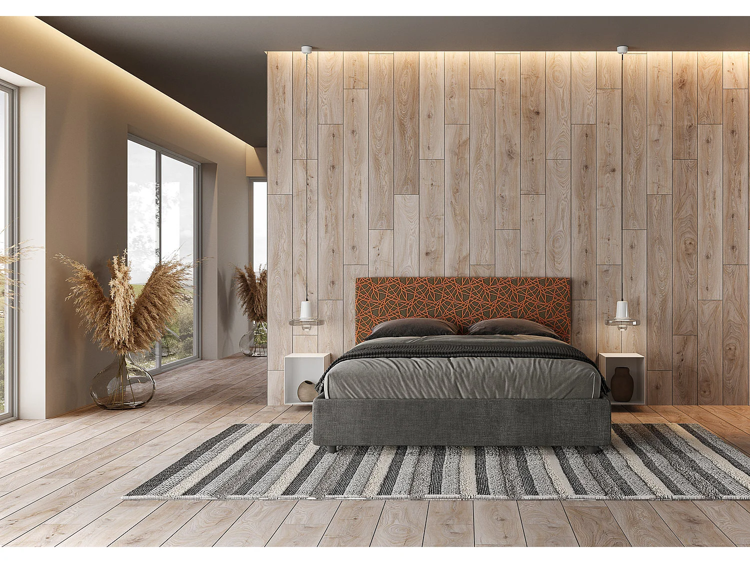 Cama contenedor doble tapizada 160x190 tela Era 04 naranja Arla