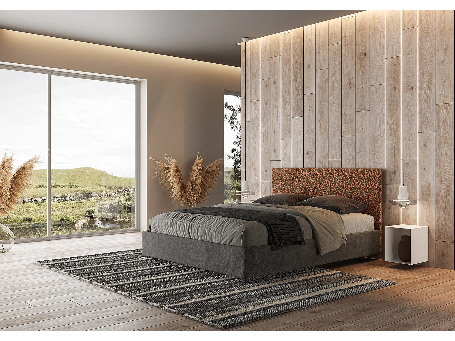 Cama contenedor doble tapizada 160x190 tela Era 04 naranja Arla