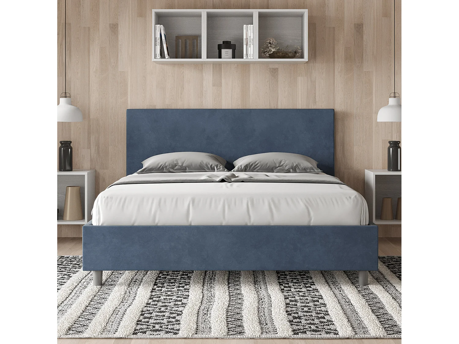 Cama contenedor elevable doble acolchada de microfibra Adele azul 160x210