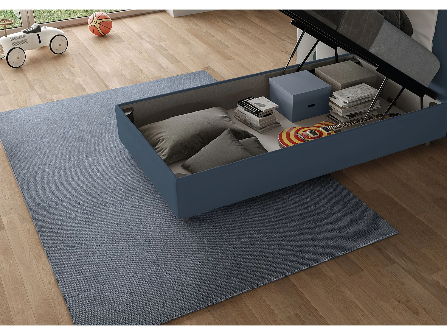 Letto contenitore imbottito 90x200 microfibra blu Adele