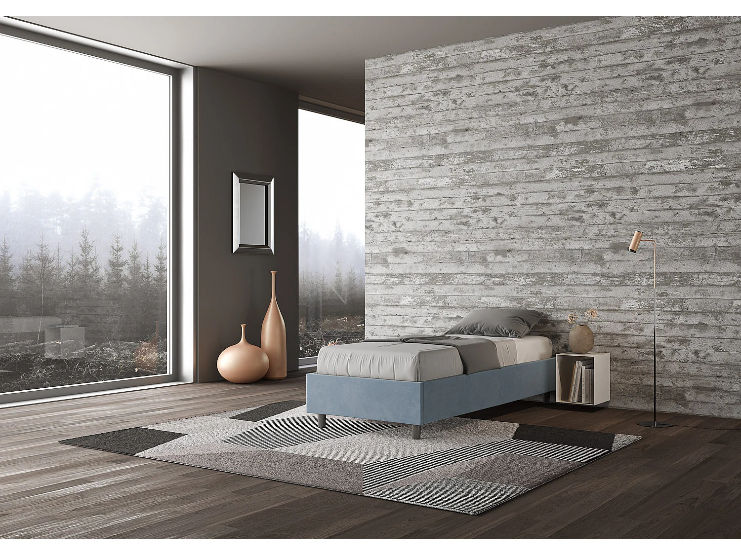 Letto Sommier contenitore imbottito 90x200 microfibra azzurro Azelia