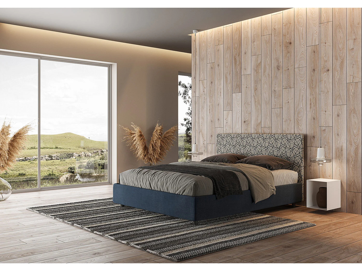 Letto contenitore doppia alzata imbottito 160x200 tessuto Era 09 blu Arla