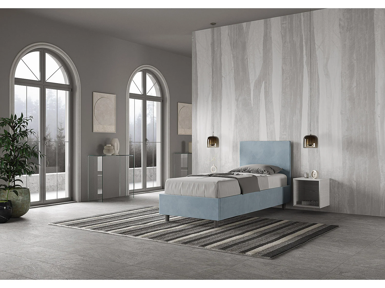 Letto contenitore imbottito 90x190 microfibra azzurro Adele