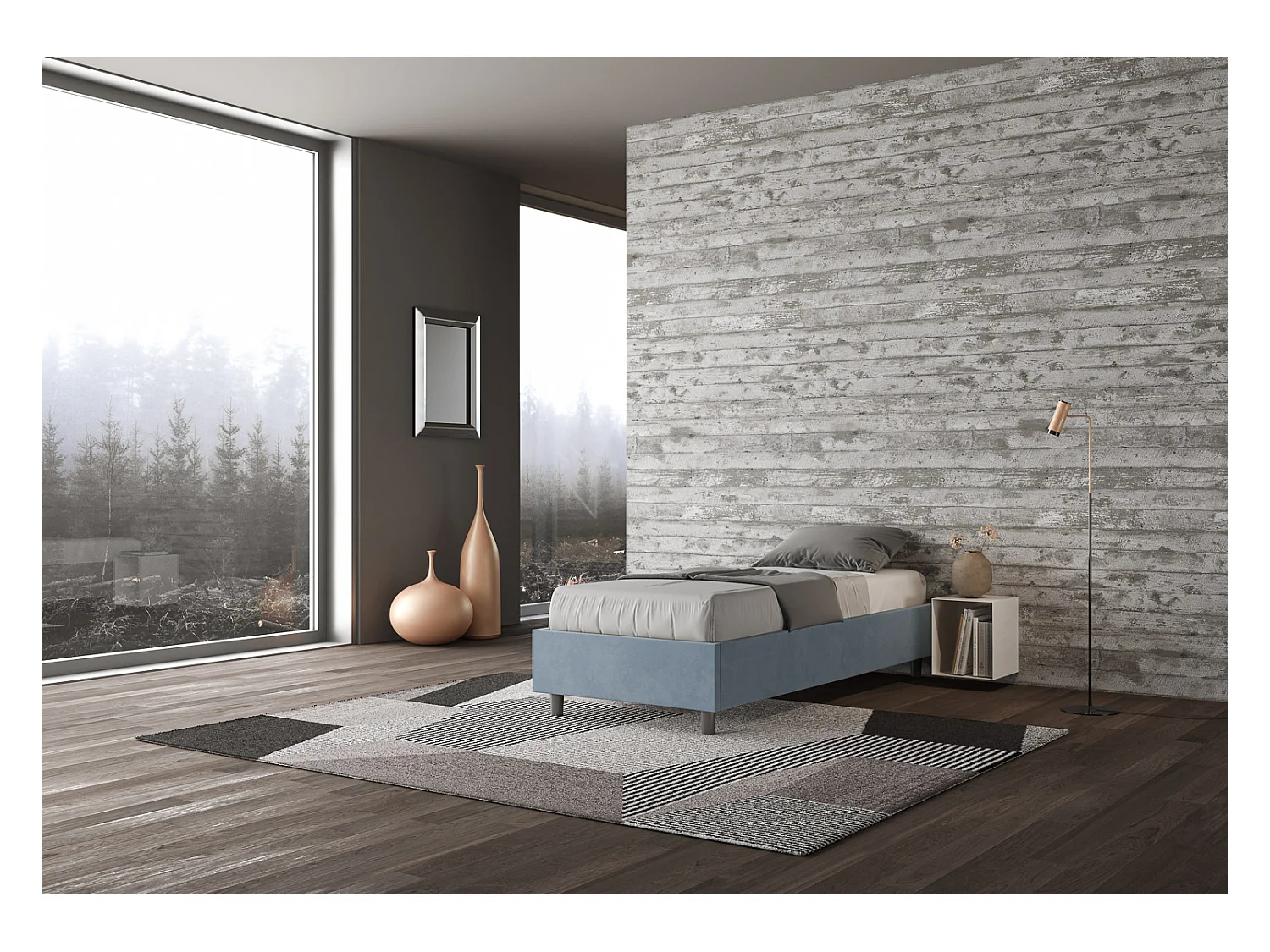Lit sommier avec conteneur capitonné 90x210 Azelia microfibre bleu